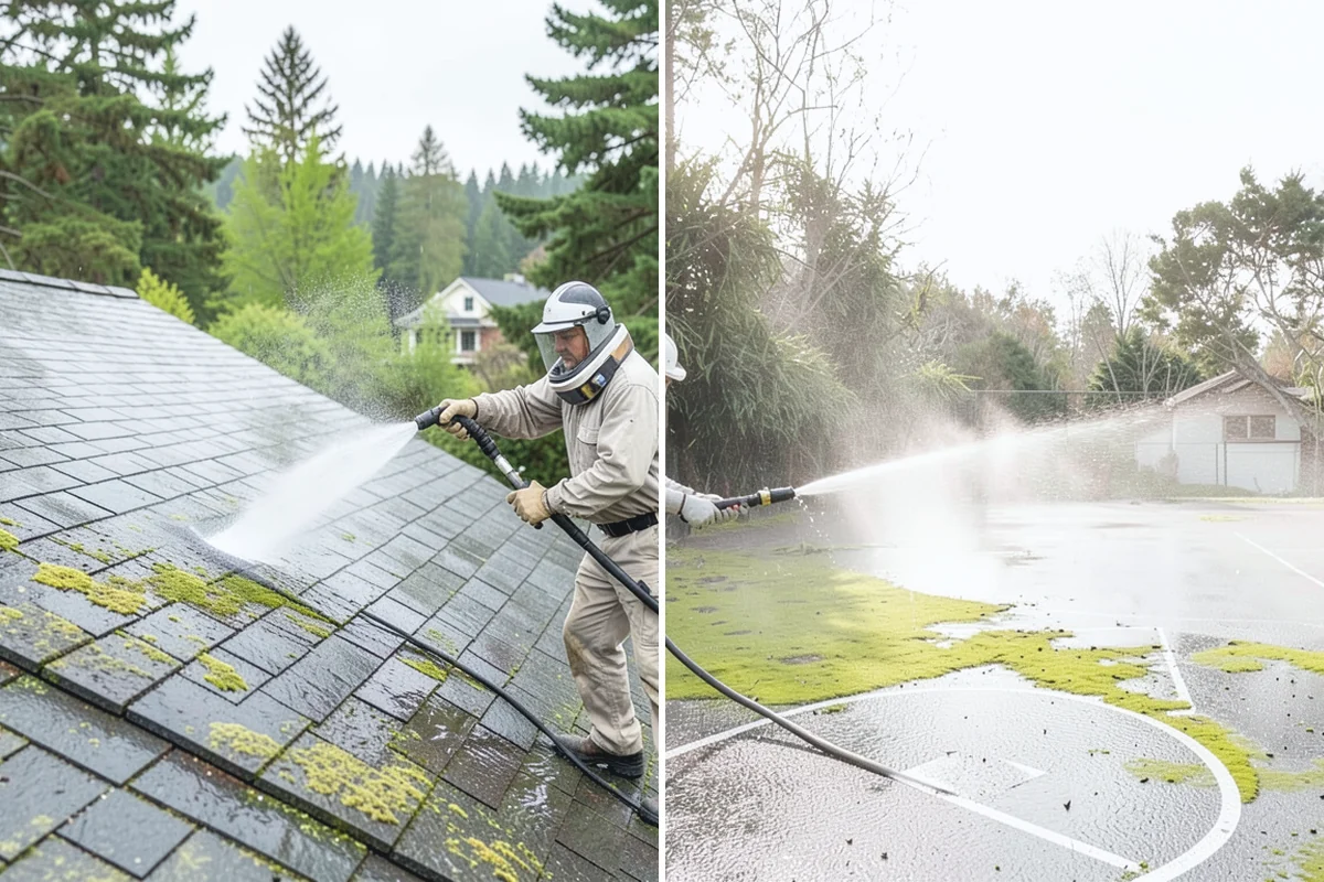 Full Exterior Cleaning Package in Woodinville, King County, WA - Soft wash the roof and treat moss and streaking