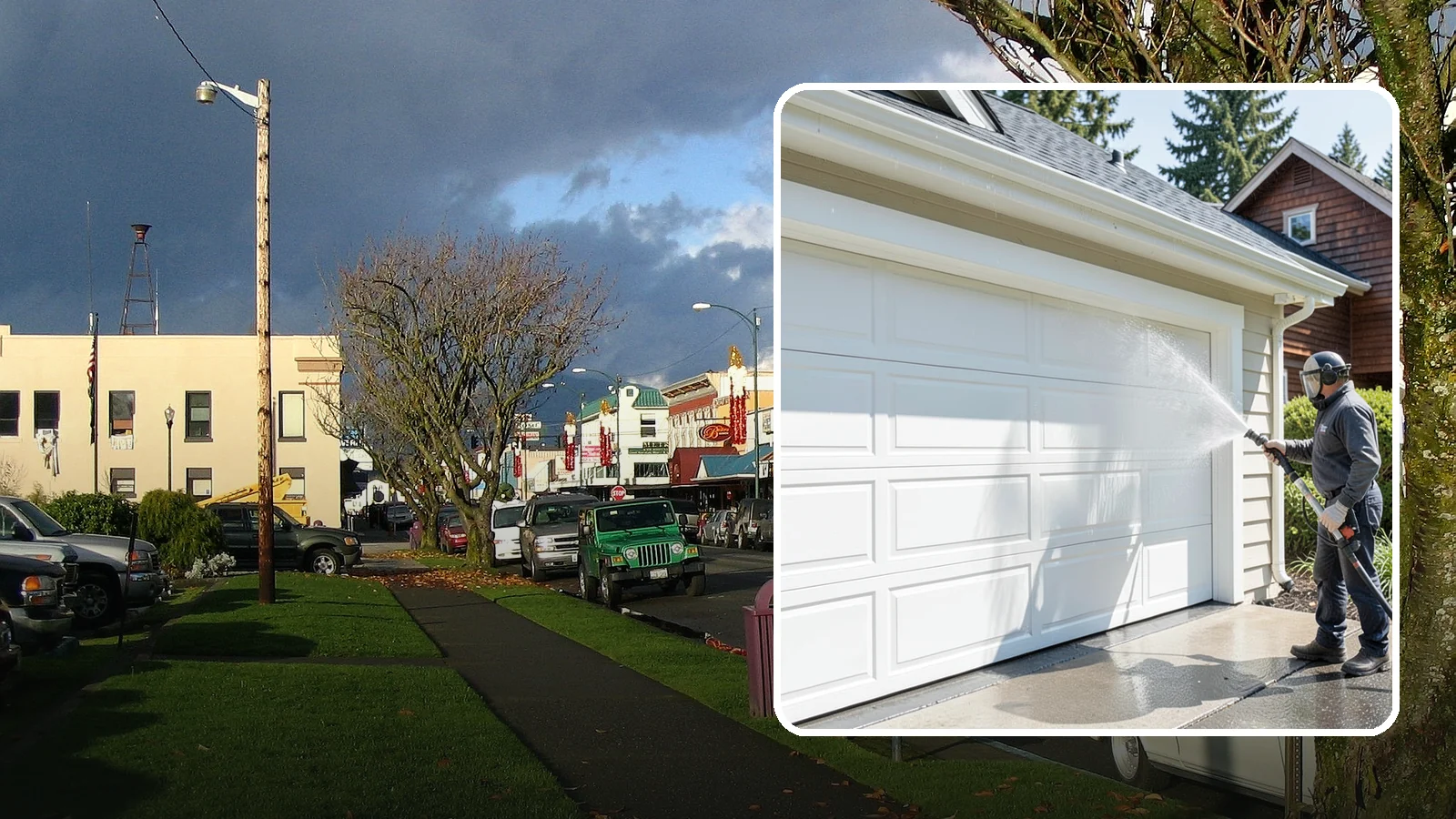 Garage Door Washing in Arlington, Snohomish County, WA - We clean garage doors panel by panel to lift road film, pollen, and the gray oxidation that dulls Washington driveways.