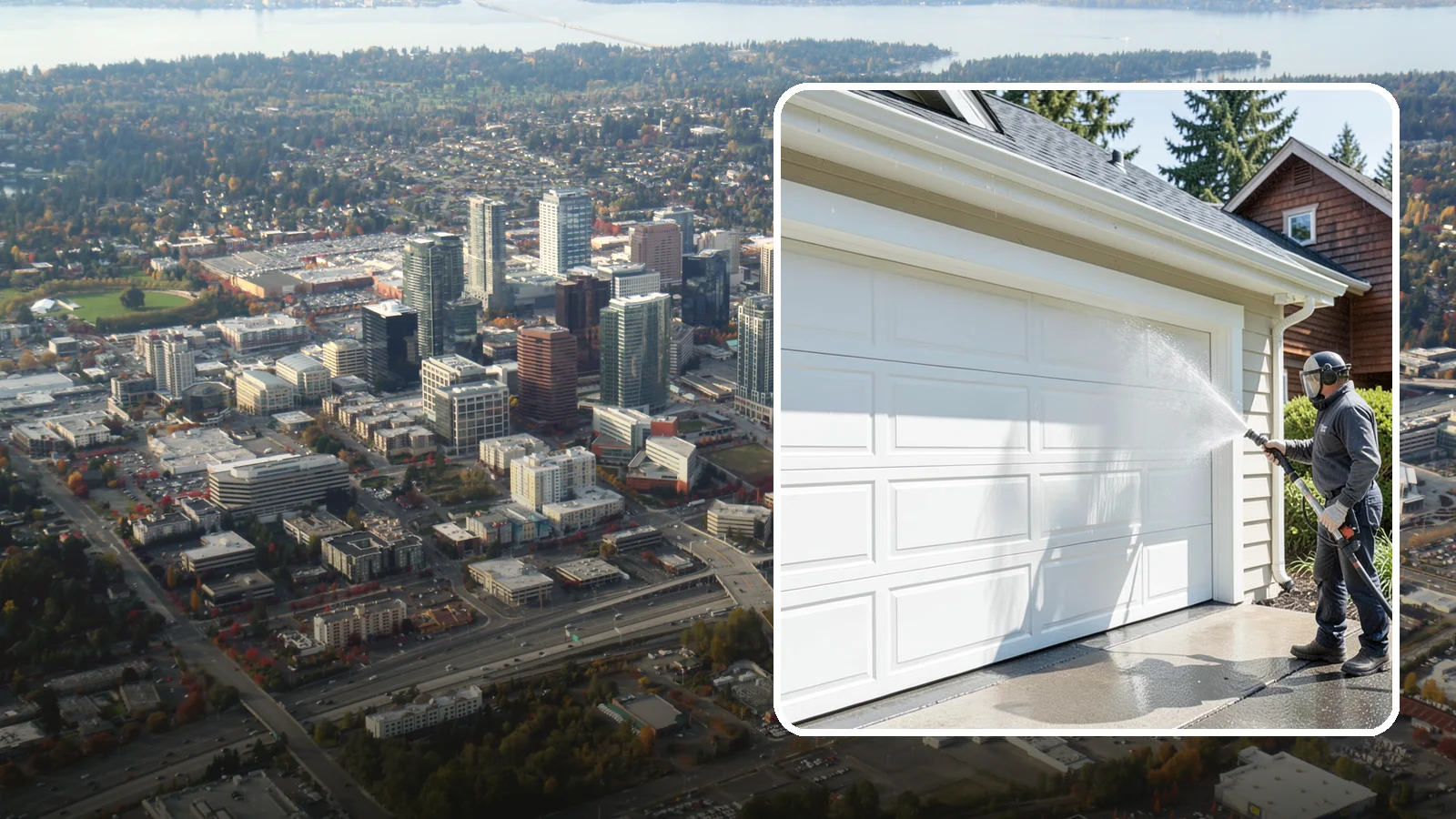 Garage Door Washing in Bellevue, King County, WA - We clean garage doors panel by panel to lift road film, pollen, and the gray oxidation that dulls Washington driveways.