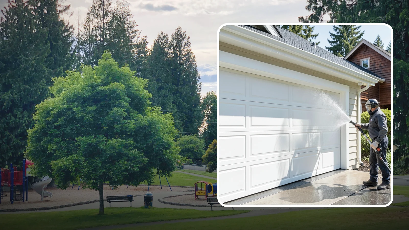 Garage Door Washing in Bonney Lake, Pierce County, WA - We clean garage doors panel by panel to lift road film, pollen, and the gray oxidation that dulls Washington driveways.