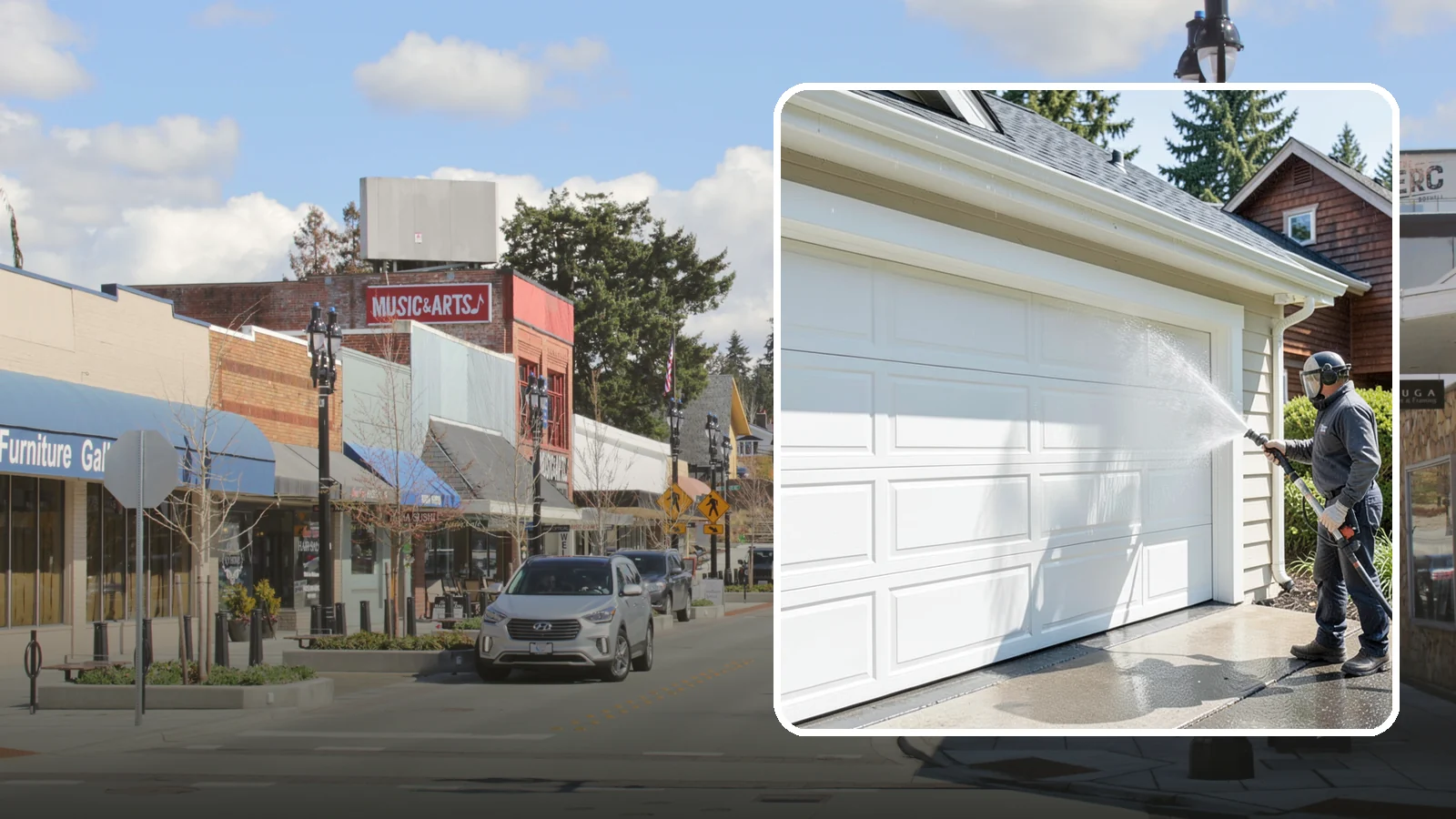 Garage Door Washing in Bothell, King County, WA - We clean garage doors panel by panel to lift road film, pollen, and the gray oxidation that dulls Washington driveways.