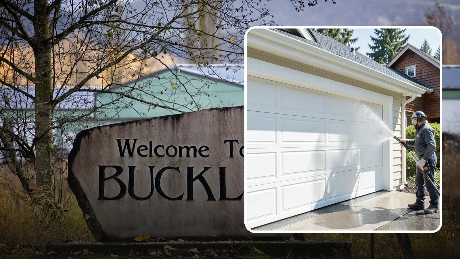 Garage Door Washing in Buckley, Pierce County, WA - We clean garage doors panel by panel to lift road film, pollen, and the gray oxidation that dulls Washington driveways.