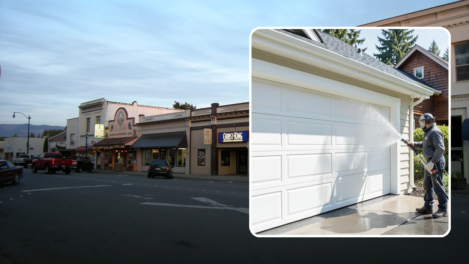 Garage Door Washing in Burlington, Skagit County, WA - We clean garage doors panel by panel to lift road film, pollen, and the gray oxidation that dulls Washington driveways.