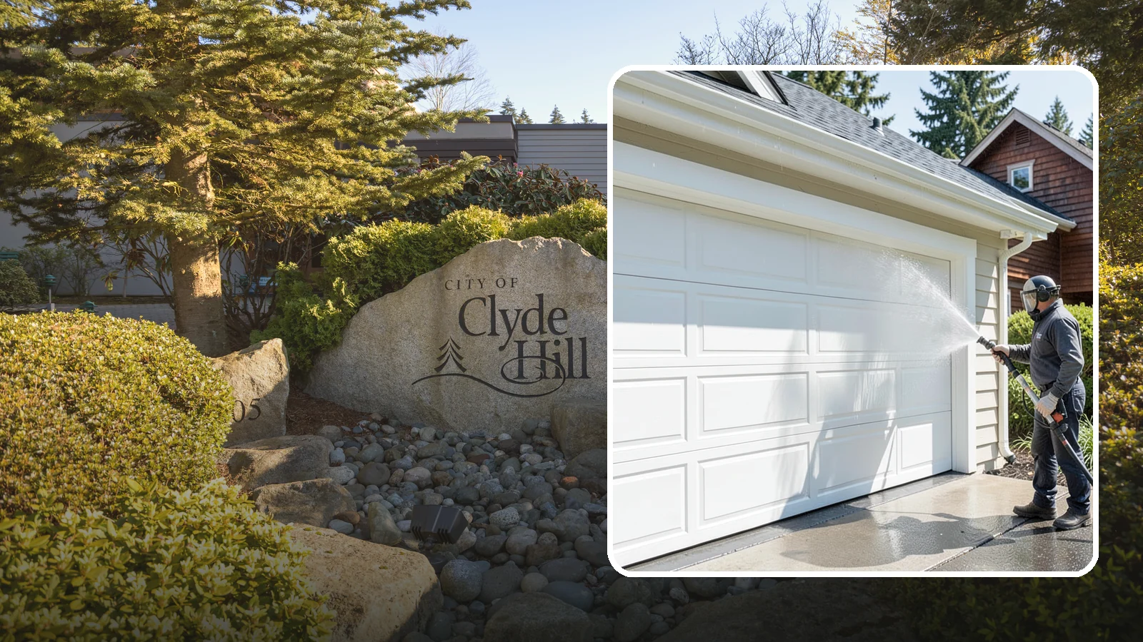 Garage Door Washing in Clyde Hill, King County, WA - We clean garage doors panel by panel to lift road film, pollen, and the gray oxidation that dulls Washington driveways.