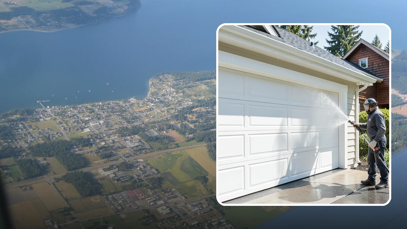 Garage Door Washing in Coupeville, Island County, WA - We clean garage doors panel by panel to lift road film, pollen, and the gray oxidation that dulls Washington driveways.
