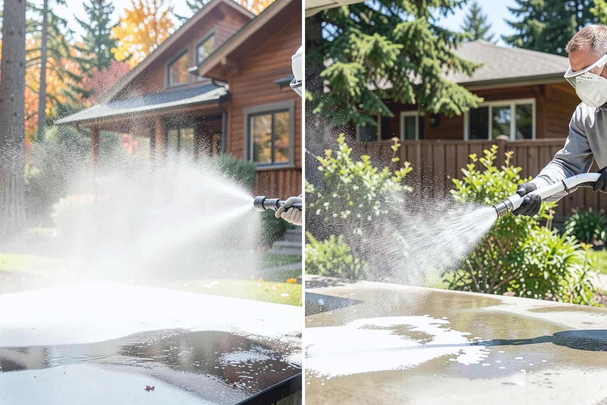 Garage Door Washing in Darrington, Snohomish County, WA - Rinse loose dust and cobwebs from panels and track hardware