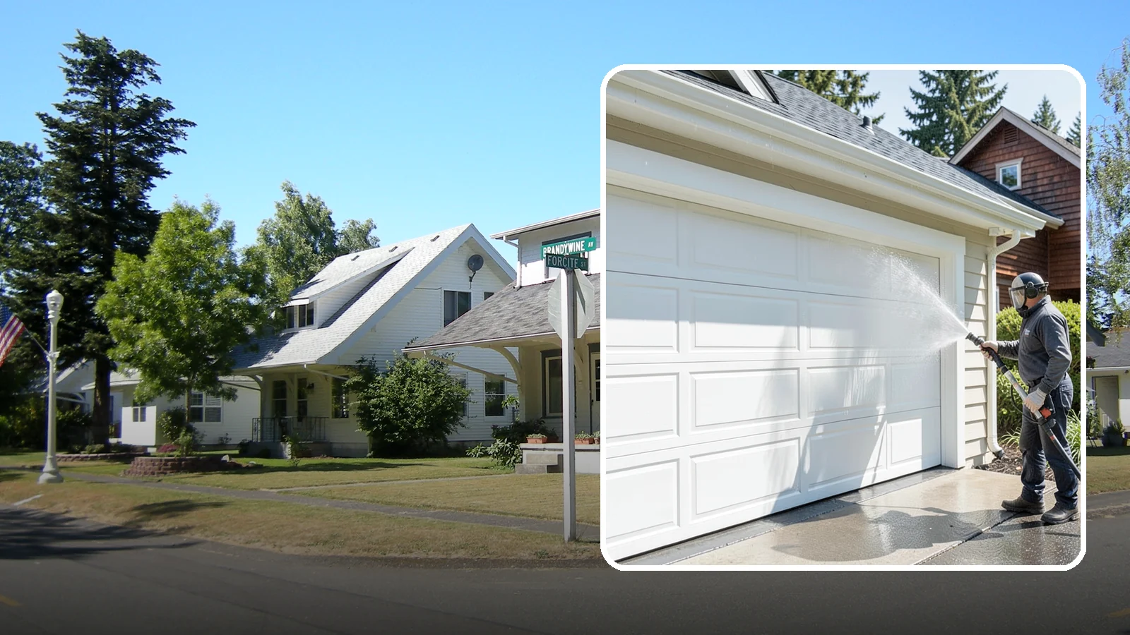 Garage Door Washing in DuPont, Pierce County, WA - We clean garage doors panel by panel to lift road film, pollen, and the gray oxidation that dulls Washington driveways.