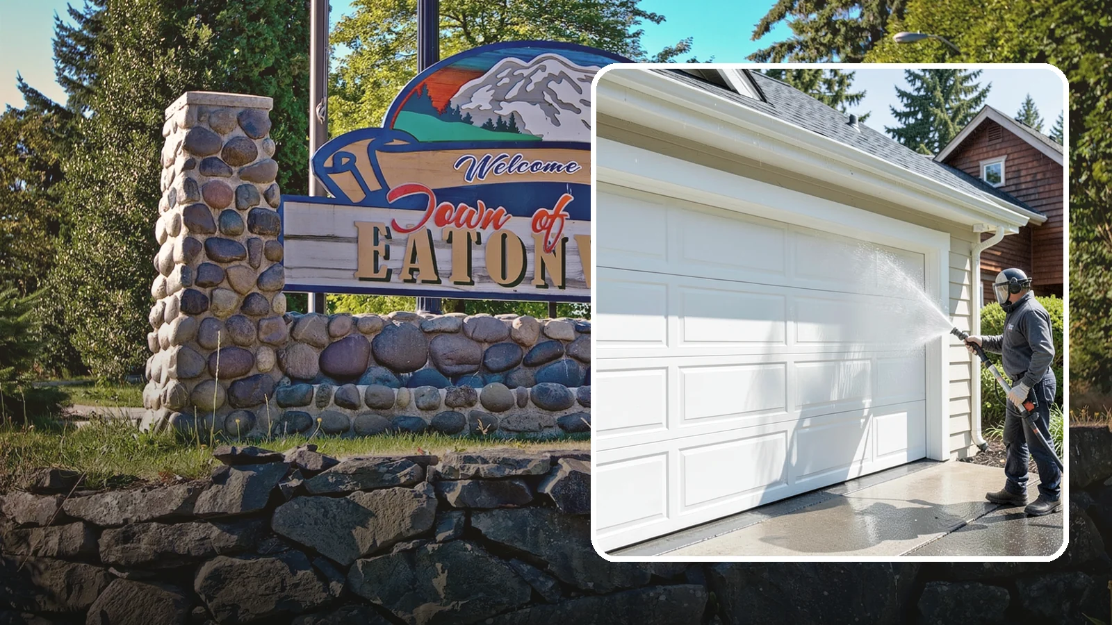 Garage Door Washing in Eatonville, Pierce County, WA - We clean garage doors panel by panel to lift road film, pollen, and the gray oxidation that dulls Washington driveways.
