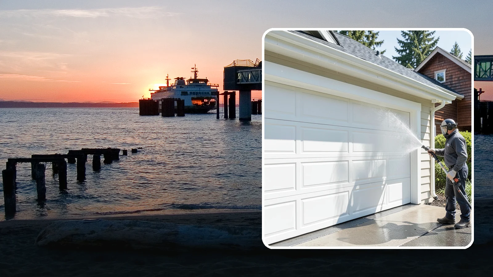 Garage Door Washing in Edmonds, Snohomish County, WA - We clean garage doors panel by panel to lift road film, pollen, and the gray oxidation that dulls Washington driveways.