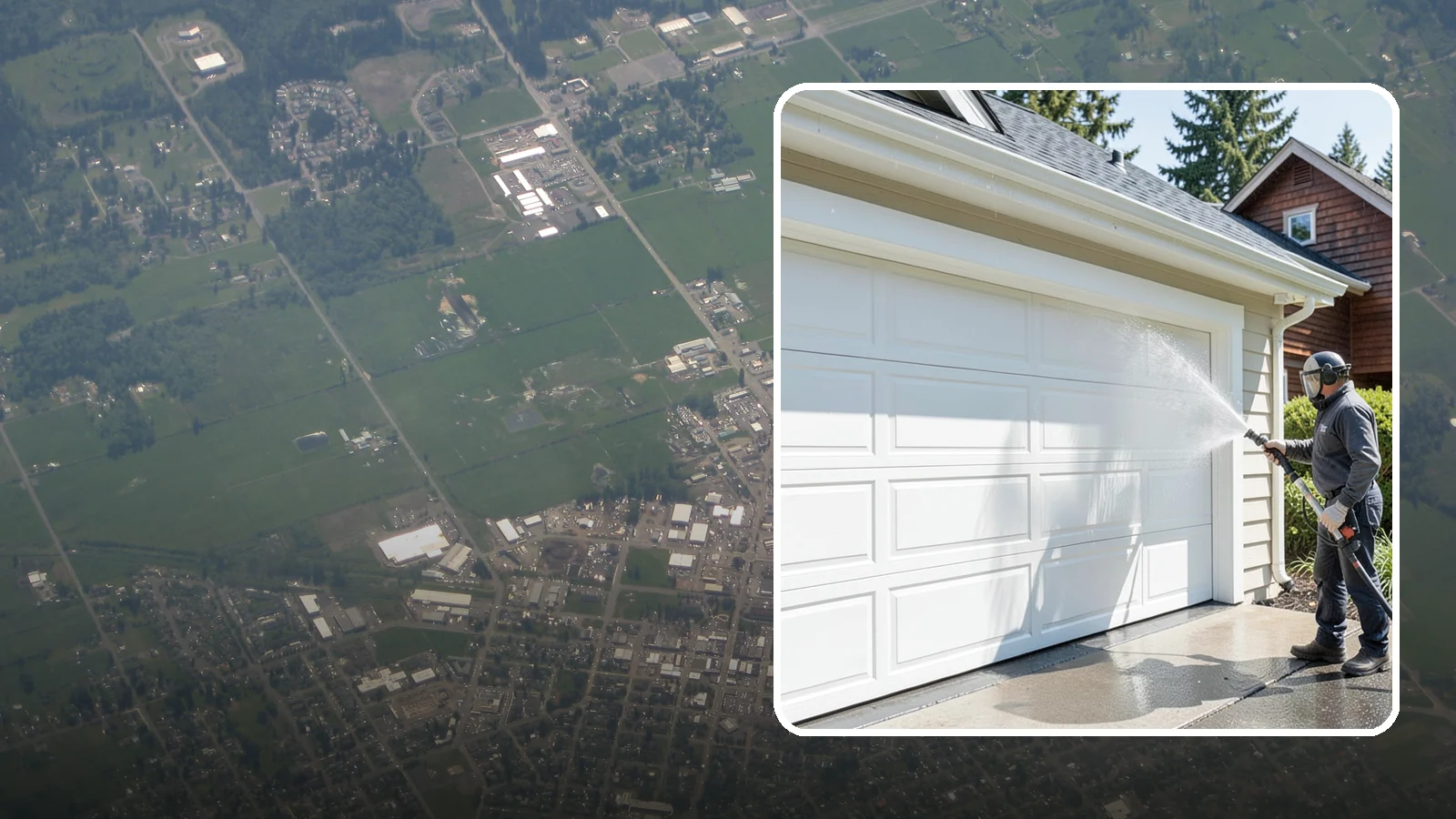 Garage Door Washing in Enumclaw, King County, WA - We clean garage doors panel by panel to lift road film, pollen, and the gray oxidation that dulls Washington driveways.