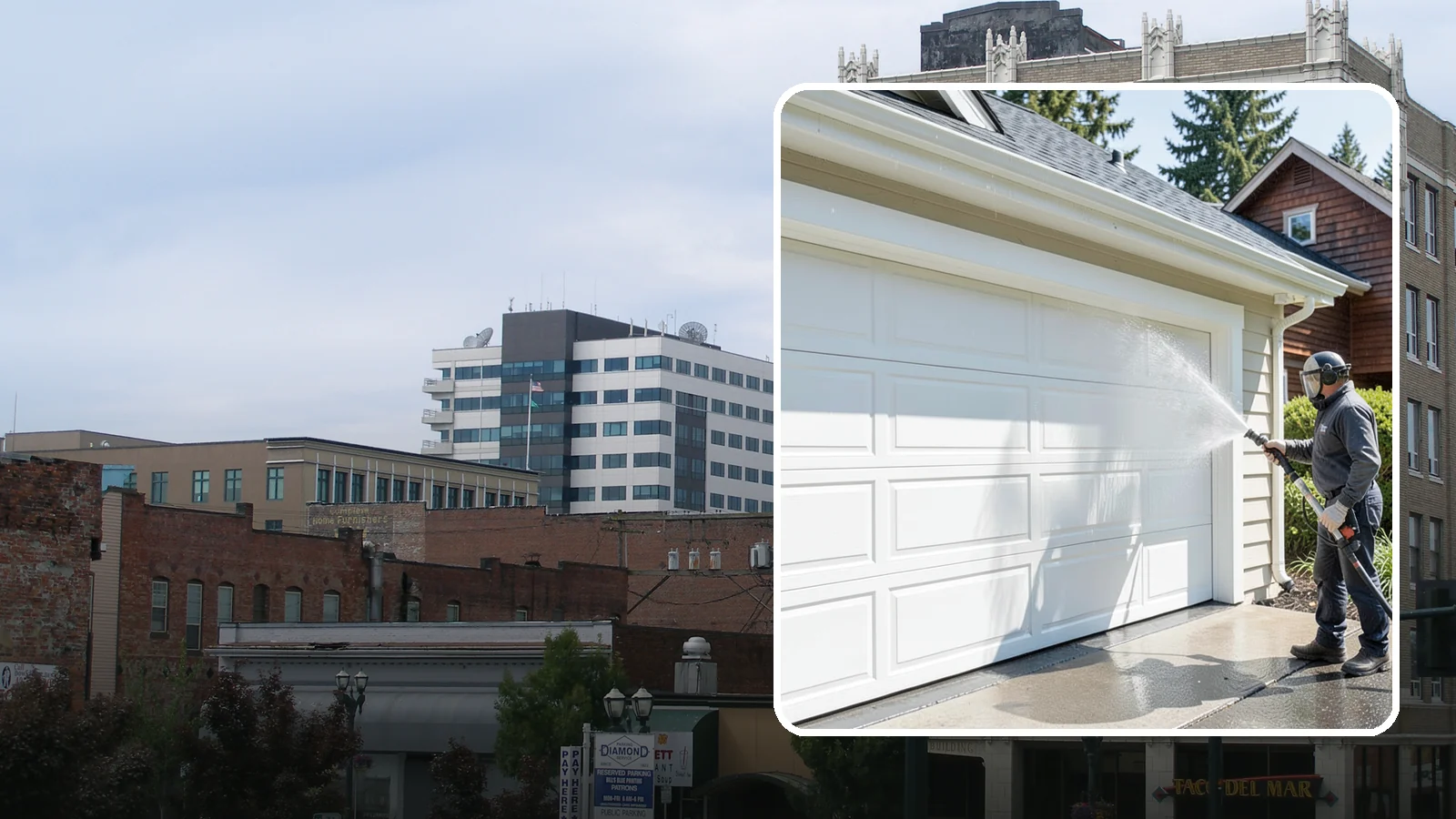 Garage Door Washing in Everett, Snohomish County, WA - We clean garage doors panel by panel to lift road film, pollen, and the gray oxidation that dulls Washington driveways.