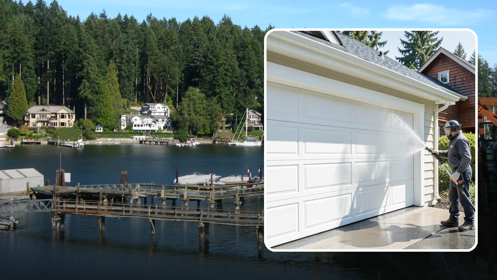 Garage Door Washing in Gig Harbor, Pierce County, WA - We clean garage doors panel by panel to lift road film, pollen, and the gray oxidation that dulls Washington driveways.