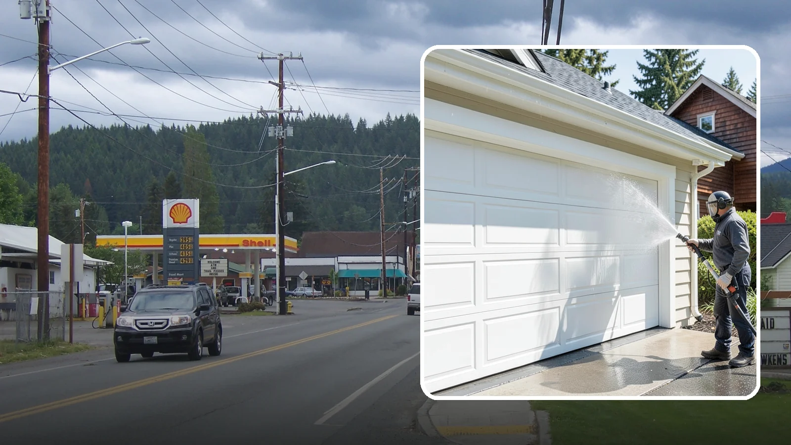 Garage Door Washing in Granite Falls, Snohomish County, WA - We clean garage doors panel by panel to lift road film, pollen, and the gray oxidation that dulls Washington driveways.