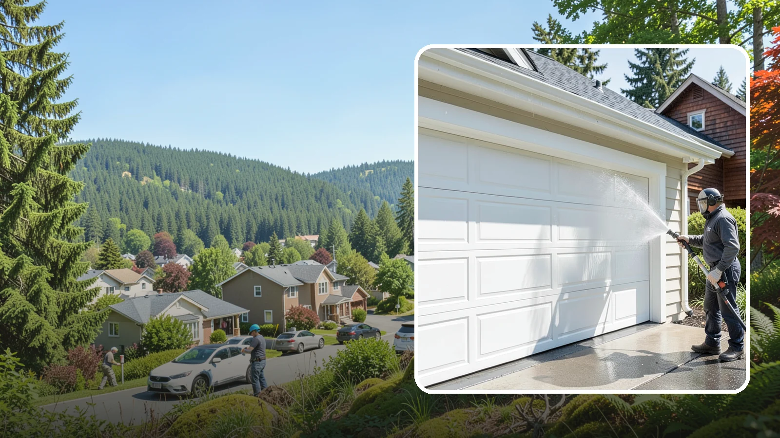 Garage Door Washing in Index, Snohomish County, WA - We clean garage doors panel by panel to lift road film, pollen, and the gray oxidation that dulls Washington driveways.