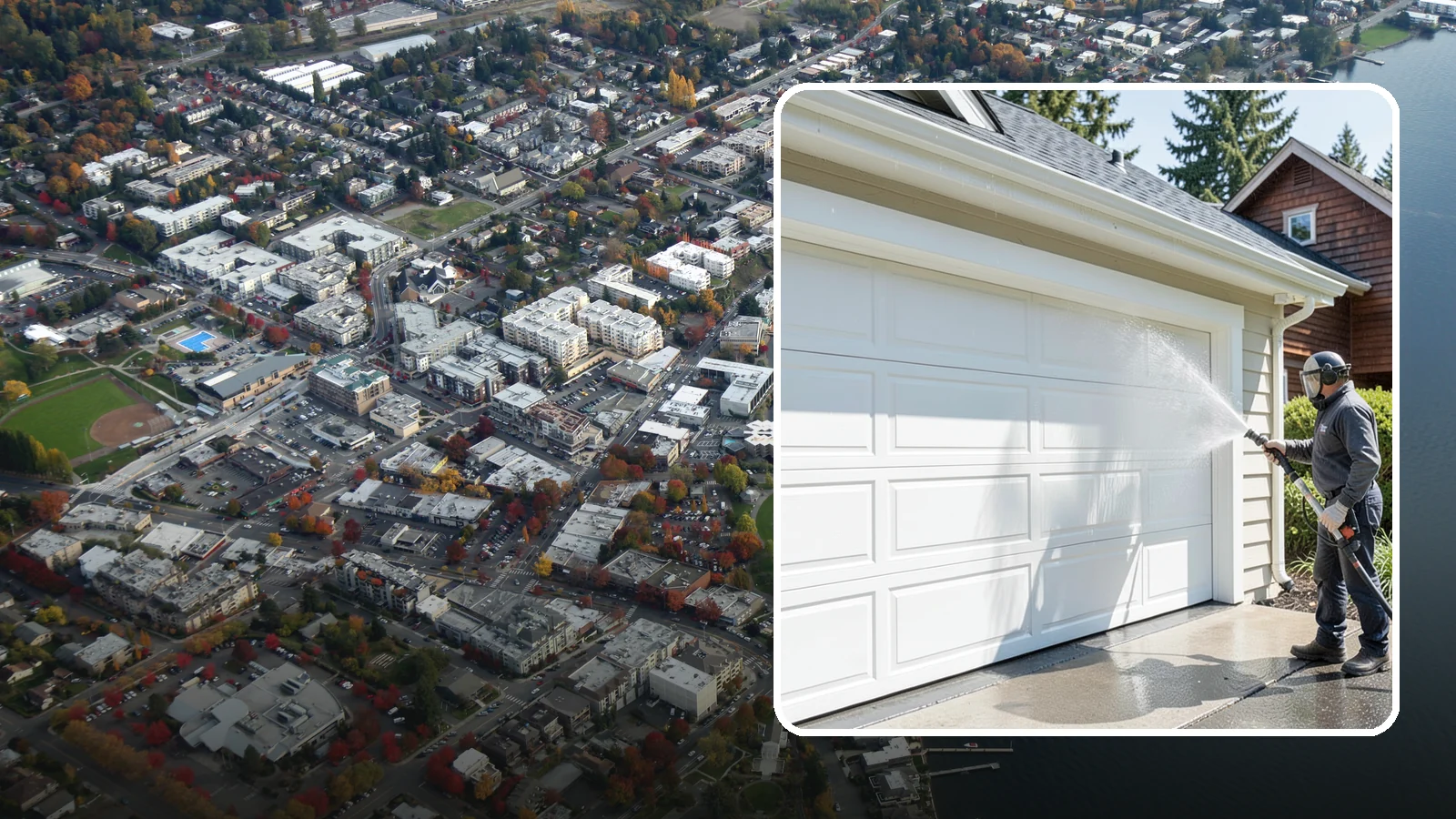 Garage Door Washing in Kirkland, King County, WA - We clean garage doors panel by panel to lift road film, pollen, and the gray oxidation that dulls Washington driveways.