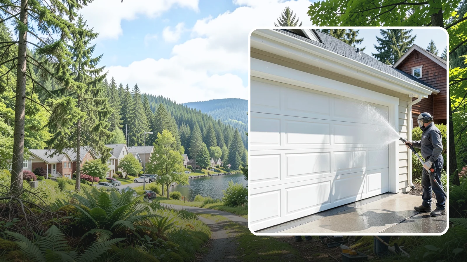 Garage Door Washing in Lake Forest Park, King County, WA - We clean garage doors panel by panel to lift road film, pollen, and the gray oxidation that dulls Washington driveways.