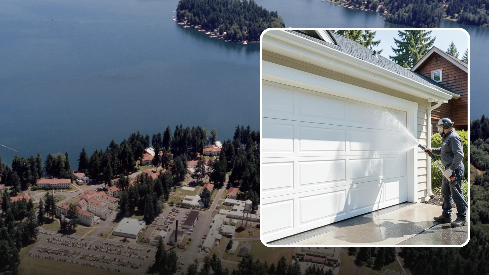 Garage Door Washing in Lakewood, Pierce County, WA - We clean garage doors panel by panel to lift road film, pollen, and the gray oxidation that dulls Washington driveways.