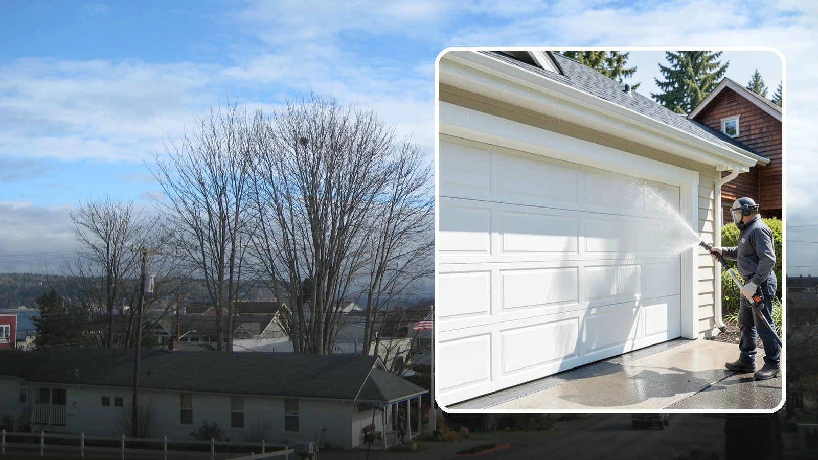 Garage Door Washing in Langley, Island County, WA - We clean garage doors panel by panel to lift road film, pollen, and the gray oxidation that dulls Washington driveways.