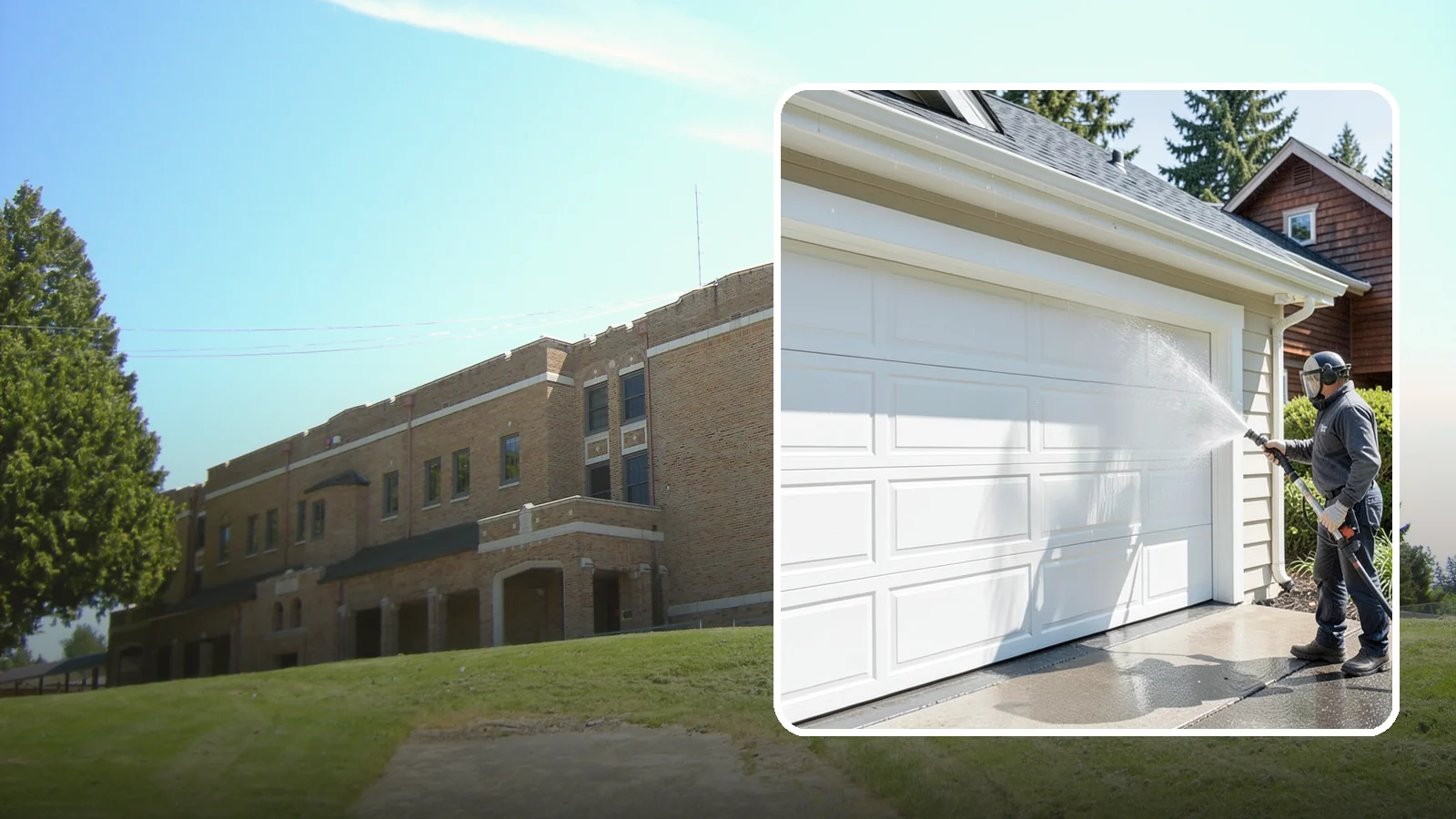 Garage Door Washing in Maple Valley, King County, WA - We clean garage doors panel by panel to lift road film, pollen, and the gray oxidation that dulls Washington driveways.