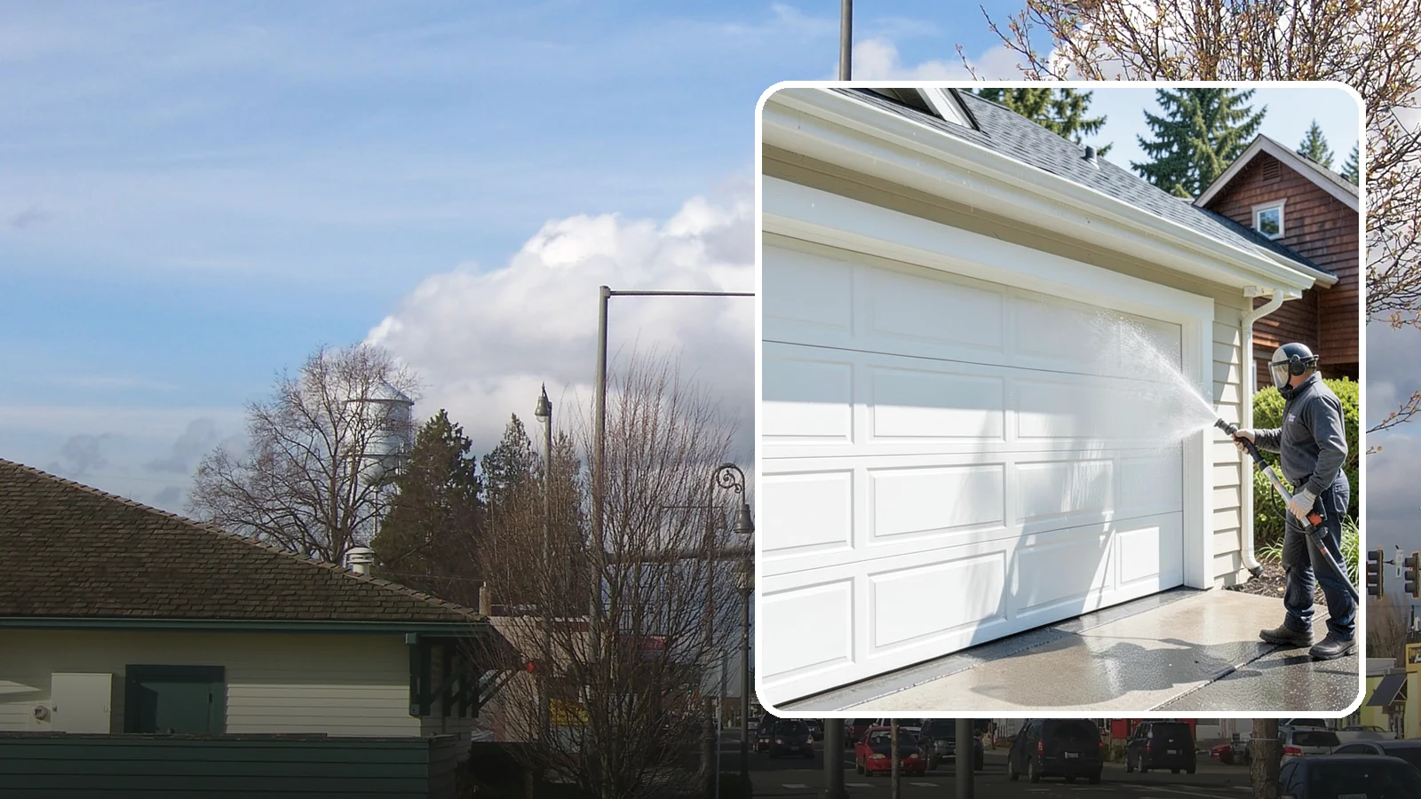 Garage Door Washing in Marysville, Snohomish County, WA - We clean garage doors panel by panel to lift road film, pollen, and the gray oxidation that dulls Washington driveways.