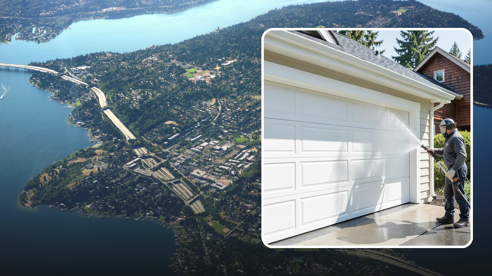Garage Door Washing in Mercer Island, King County, WA - We clean garage doors panel by panel to lift road film, pollen, and the gray oxidation that dulls Washington driveways.