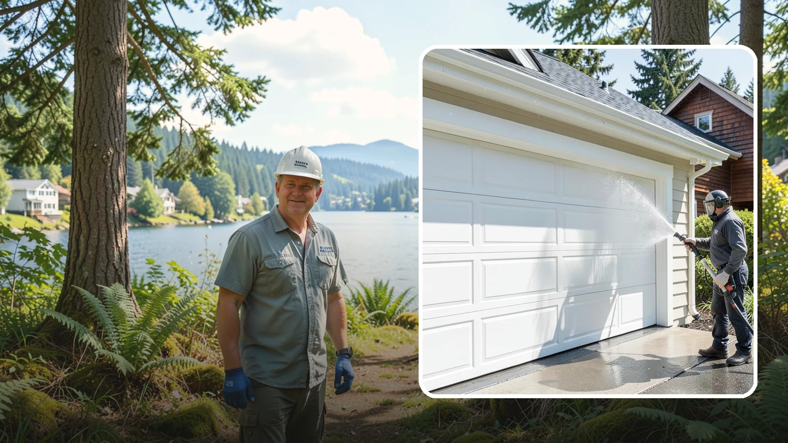 Garage Door Washing in Milton, King County, WA - We clean garage doors panel by panel to lift road film, pollen, and the gray oxidation that dulls Washington driveways.