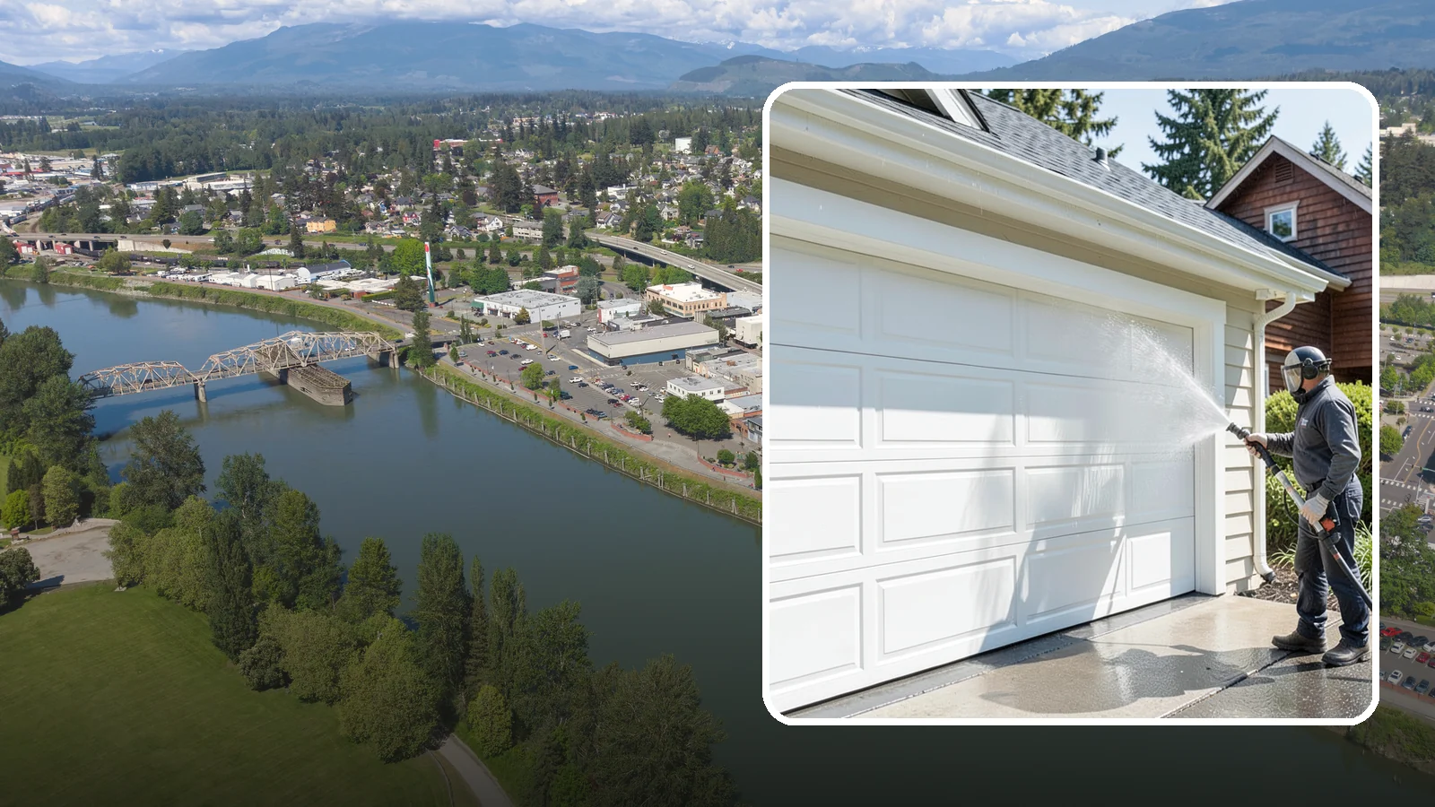 Garage Door Washing in Mount Vernon, Skagit County, WA - We clean garage doors panel by panel to lift road film, pollen, and the gray oxidation that dulls Washington driveways.