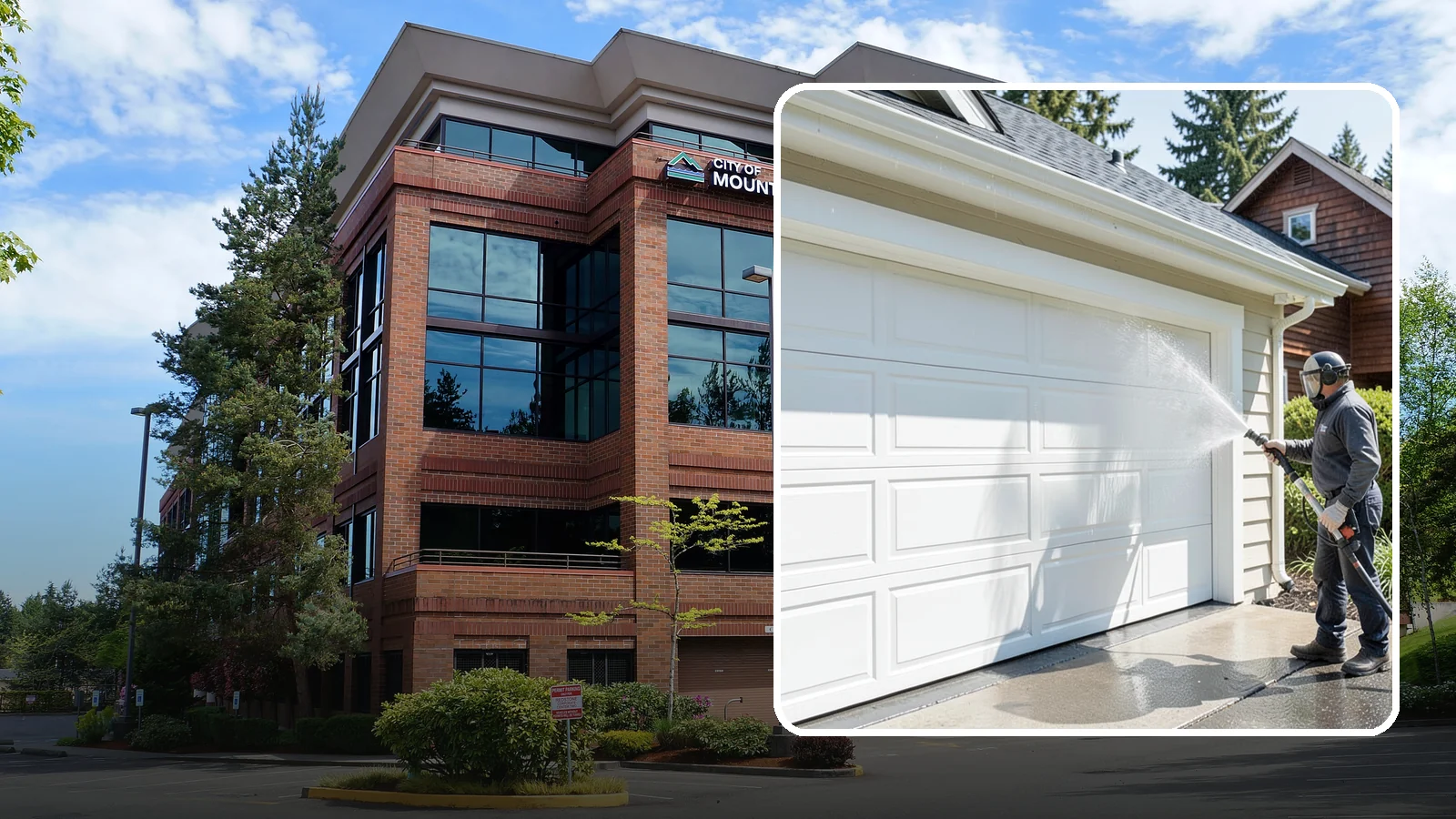 Garage Door Washing in Mountlake Terrace, Snohomish County, WA - We clean garage doors panel by panel to lift road film, pollen, and the gray oxidation that dulls Washington driveways.