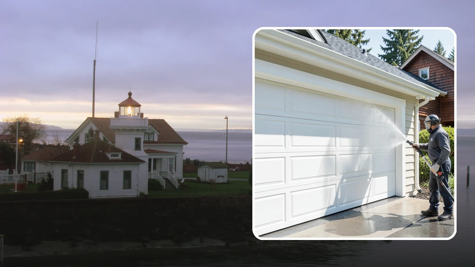 Garage Door Washing in Mukilteo, Snohomish County, WA - We clean garage doors panel by panel to lift road film, pollen, and the gray oxidation that dulls Washington driveways.