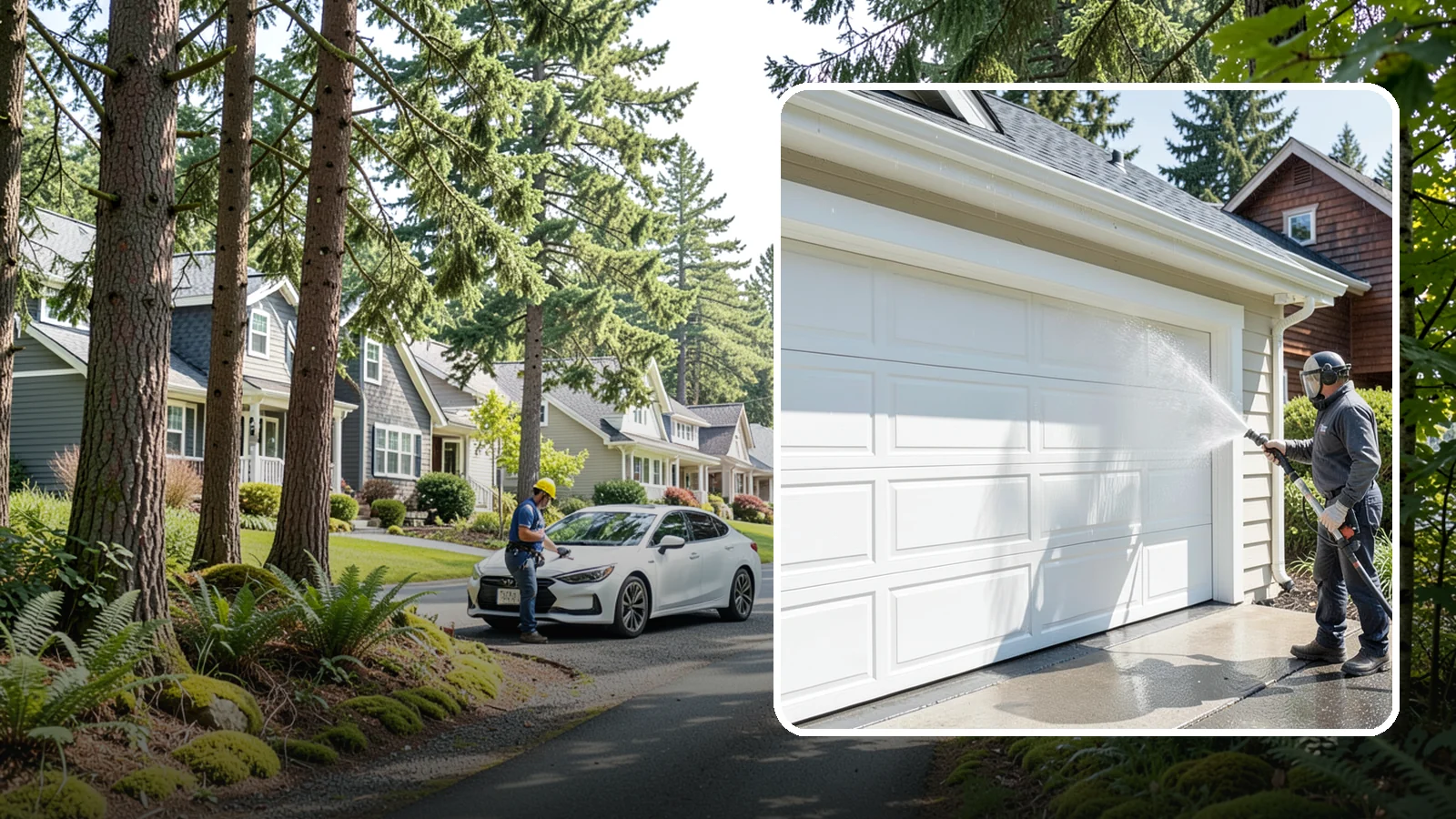 Garage Door Washing in Normandy Park, King County, WA - We clean garage doors panel by panel to lift road film, pollen, and the gray oxidation that dulls Washington driveways.