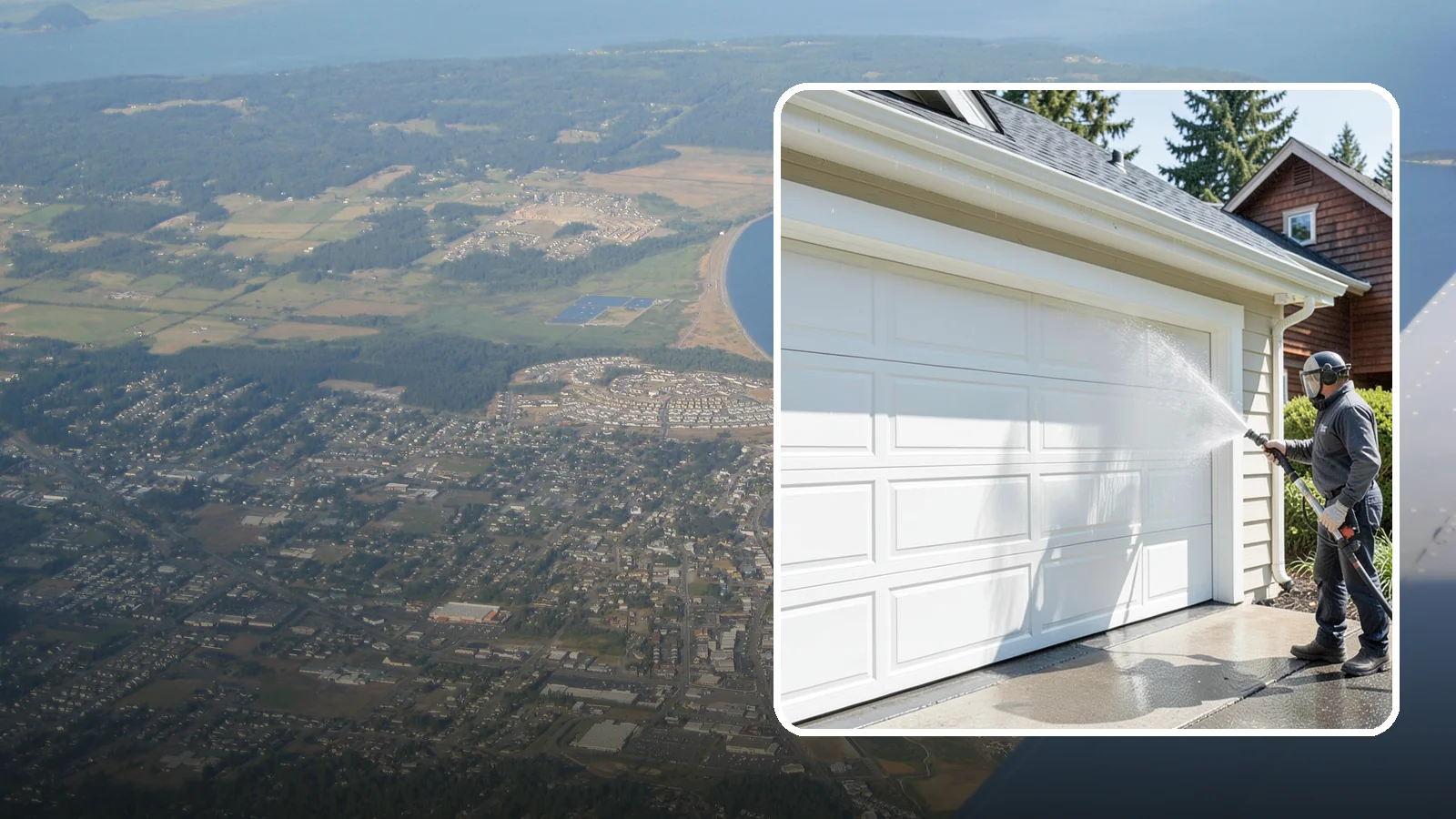 Garage Door Washing in Oak Harbor, Island County, WA - We clean garage doors panel by panel to lift road film, pollen, and the gray oxidation that dulls Washington driveways.