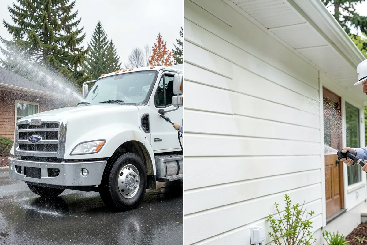 Garage Door Washing in Puyallup, Pierce County, WA - Rinse loose dust and cobwebs from panels and track hardware