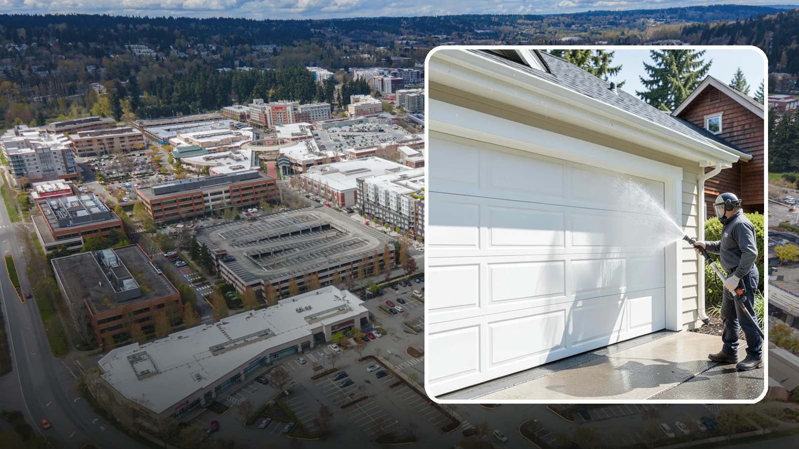 Garage Door Washing in Redmond, King County, WA - We clean garage doors panel by panel to lift road film, pollen, and the gray oxidation that dulls Washington driveways.