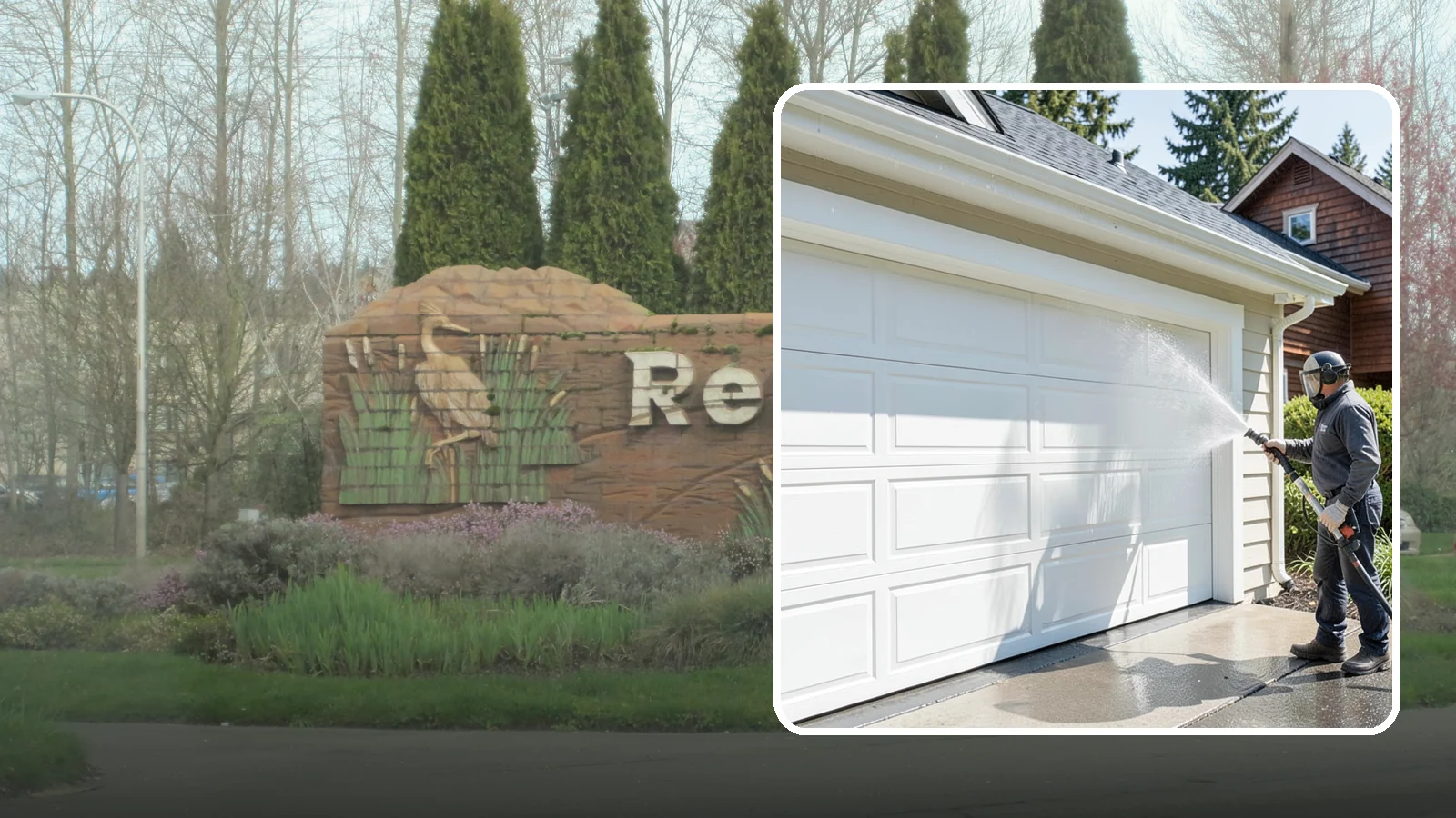 Garage Door Washing in Renton, King County, WA - We clean garage doors panel by panel to lift road film, pollen, and the gray oxidation that dulls Washington driveways.