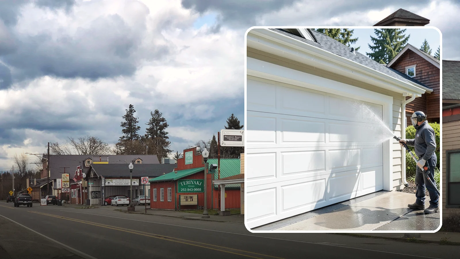 Garage Door Washing in Roy, Pierce County, WA - We clean garage doors panel by panel to lift road film, pollen, and the gray oxidation that dulls Washington driveways.