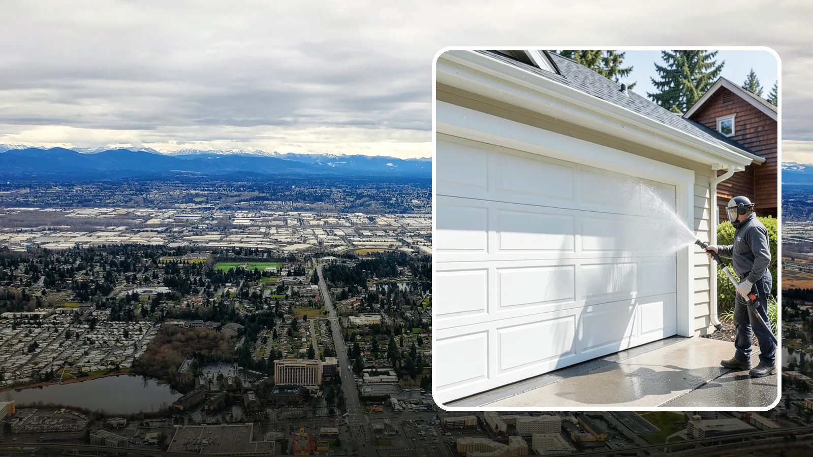 Garage Door Washing in SeaTac, King County, WA - We clean garage doors panel by panel to lift road film, pollen, and the gray oxidation that dulls Washington driveways.
