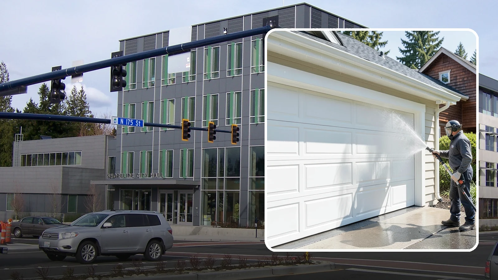 Garage Door Washing in Shoreline, King County, WA - We clean garage doors panel by panel to lift road film, pollen, and the gray oxidation that dulls Washington driveways.
