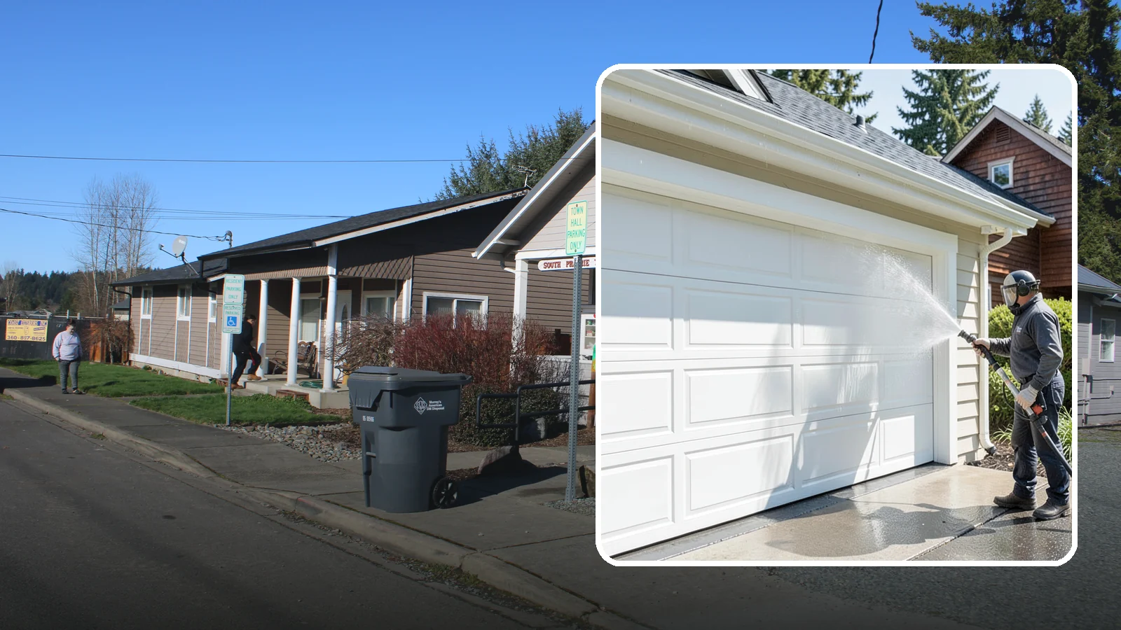 Garage Door Washing in South Prairie, Pierce County, WA - We clean garage doors panel by panel to lift road film, pollen, and the gray oxidation that dulls Washington driveways.
