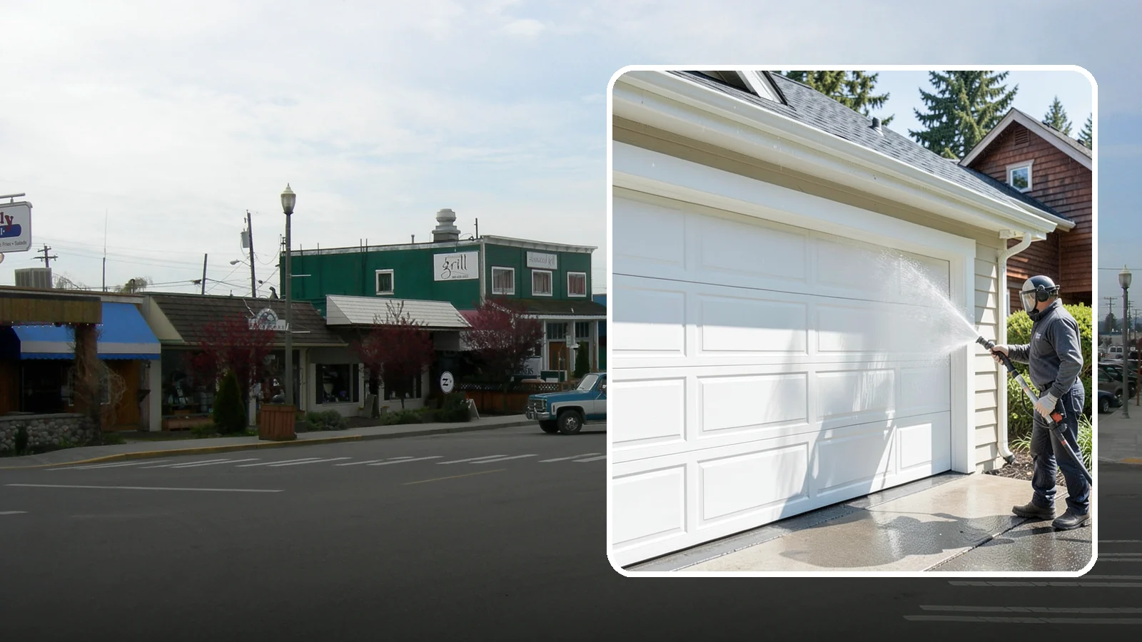 Garage Door Washing in Stanwood, Snohomish County, WA - We clean garage doors panel by panel to lift road film, pollen, and the gray oxidation that dulls Washington driveways.