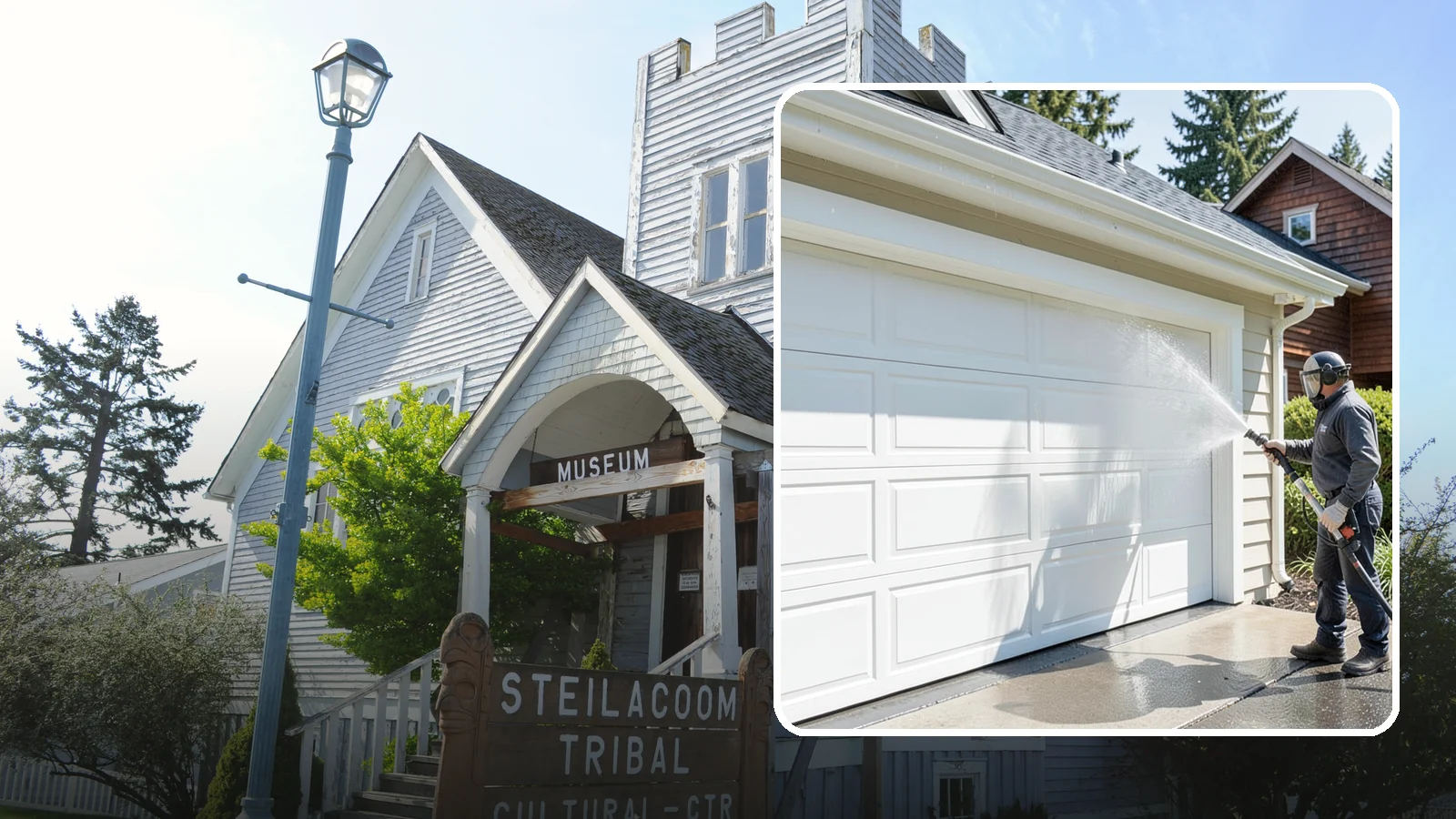 Garage Door Washing in Steilacoom, Pierce County, WA - We clean garage doors panel by panel to lift road film, pollen, and the gray oxidation that dulls Washington driveways.