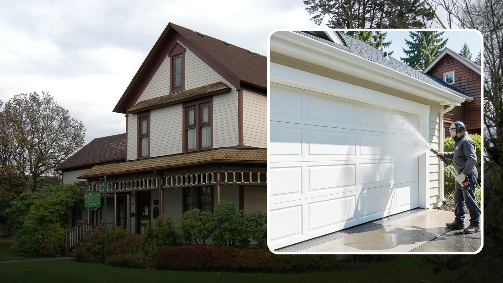 Garage Door Washing in Sumner, Pierce County, WA - We clean garage doors panel by panel to lift road film, pollen, and the gray oxidation that dulls Washington driveways.
