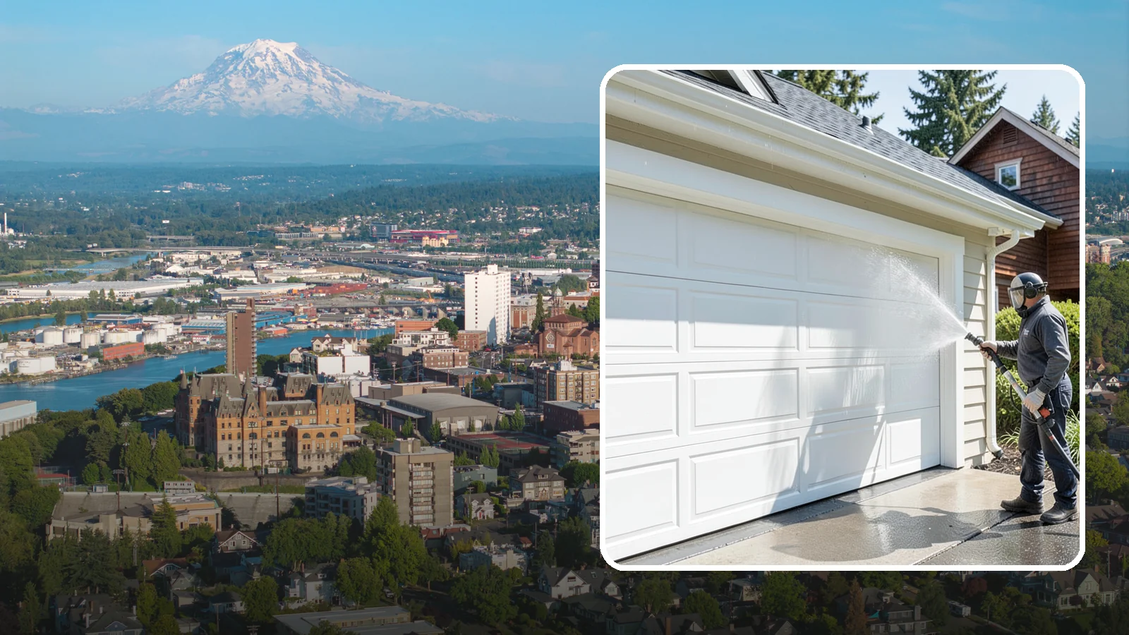 Garage Door Washing in Tacoma, Pierce County, WA - We clean garage doors panel by panel to lift road film, pollen, and the gray oxidation that dulls Washington driveways.