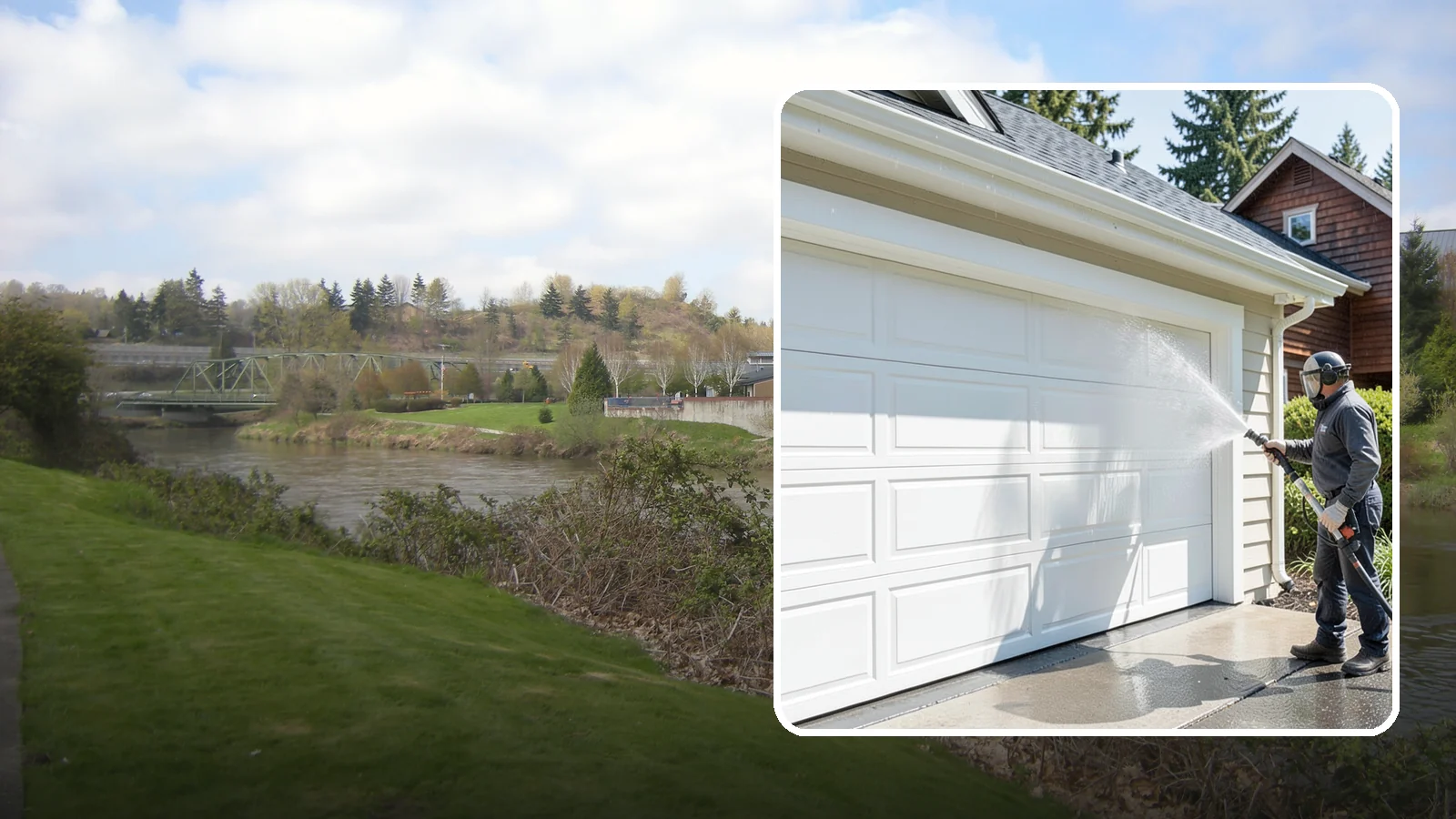 Garage Door Washing in Tukwila, King County, WA - We clean garage doors panel by panel to lift road film, pollen, and the gray oxidation that dulls Washington driveways.