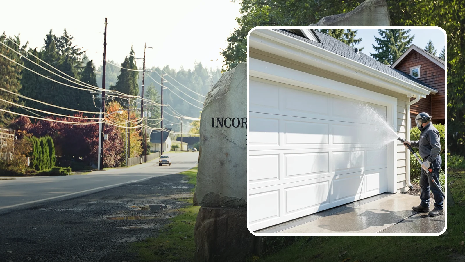 Garage Door Washing in Wilkeson, Pierce County, WA - We clean garage doors panel by panel to lift road film, pollen, and the gray oxidation that dulls Washington driveways.