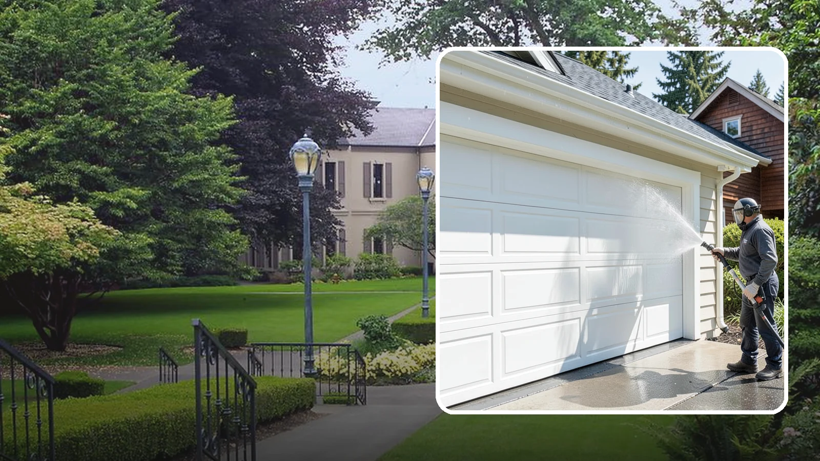Garage Door Washing in Woodinville, King County, WA - We clean garage doors panel by panel to lift road film, pollen, and the gray oxidation that dulls Washington driveways.