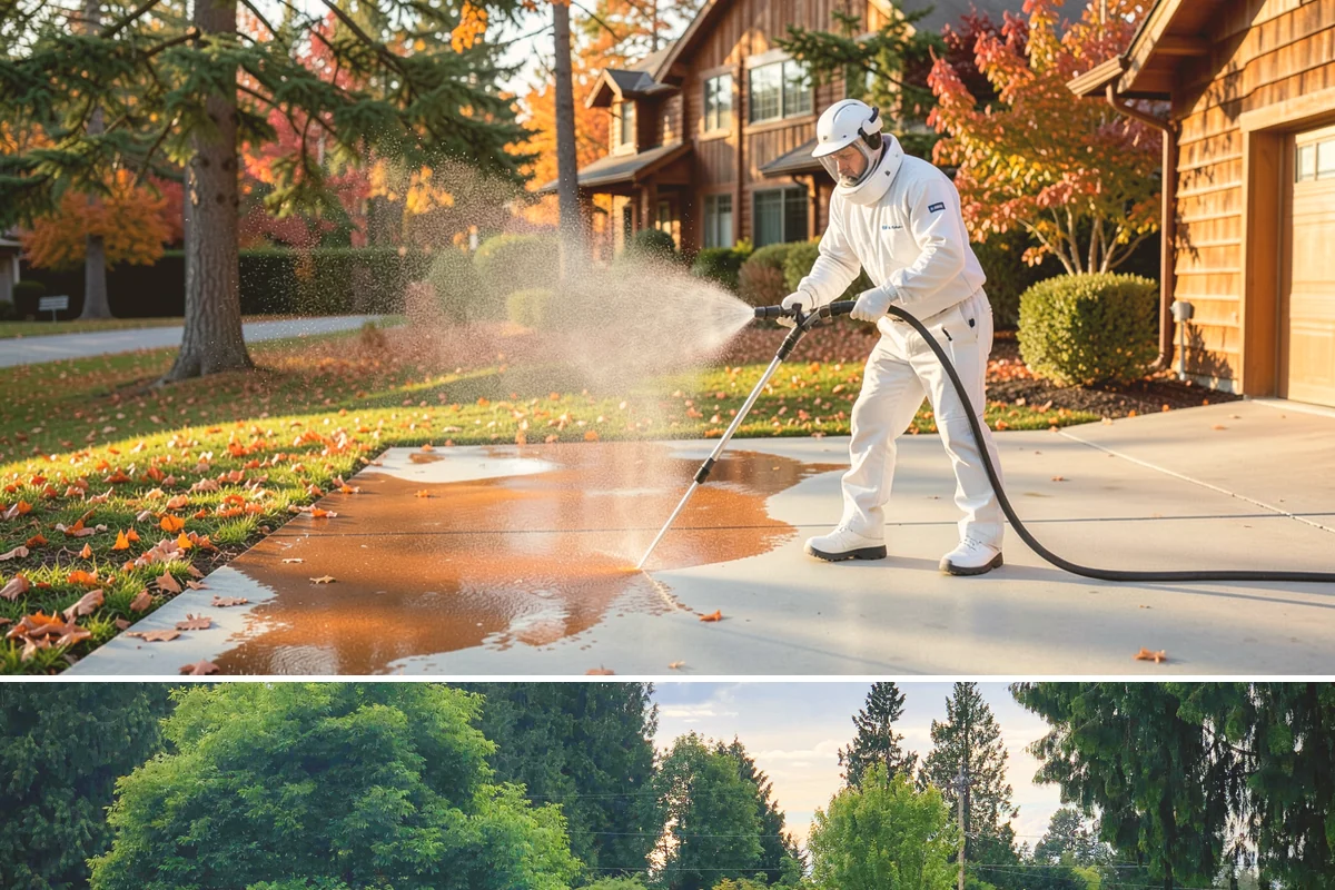 Garage Floor Cleaning in Bonney Lake, Pierce County, WA - Because a garage floor is sheltered, this service works year-round, though winter is popular when homeowners prep for coating...