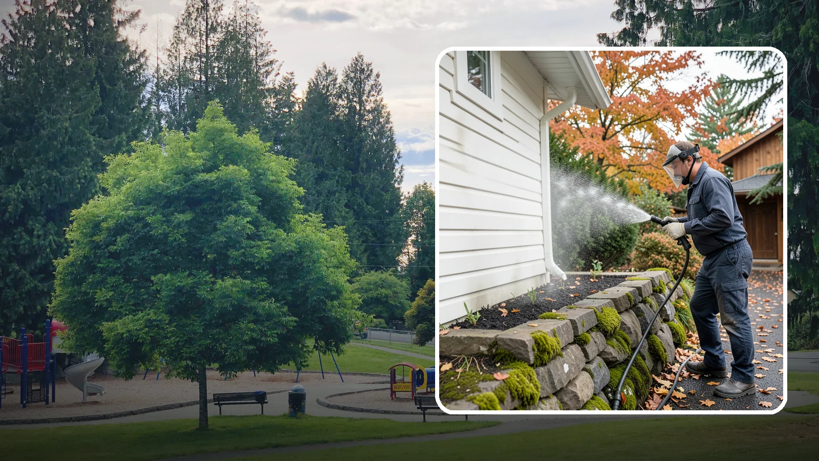 Garden Wall Cleaning in Bonney Lake, Pierce County, WA - We wash garden and retaining walls to clear the moss, soil stain, and efflorescence that mark these low landscape features.