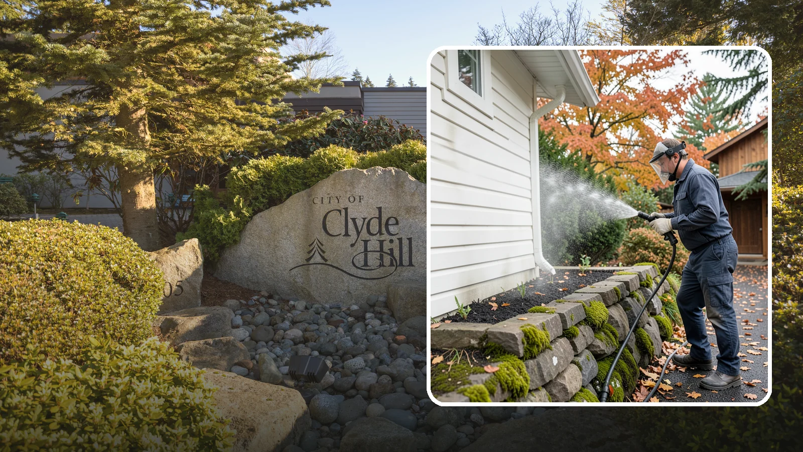 Garden Wall Cleaning in Clyde Hill, King County, WA - We wash garden and retaining walls to clear the moss, soil stain, and efflorescence that mark these low landscape features.