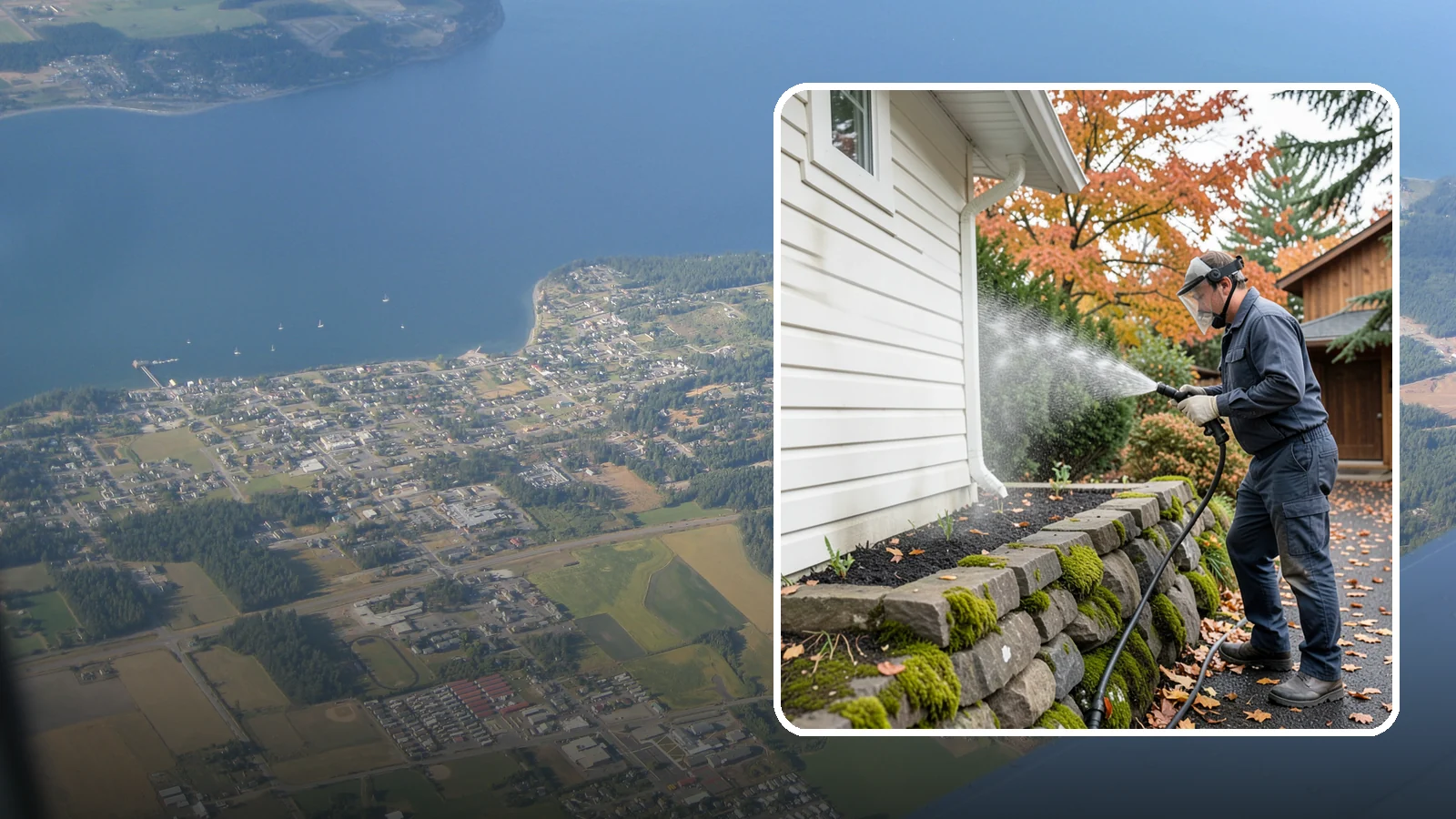 Garden Wall Cleaning in Coupeville, Island County, WA - We wash garden and retaining walls to clear the moss, soil stain, and efflorescence that mark these low landscape features.