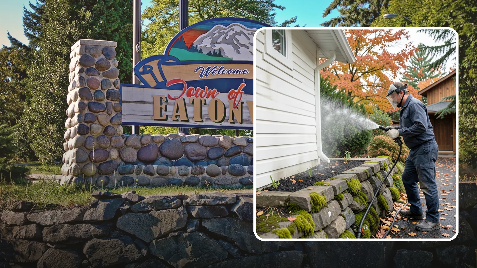 Garden Wall Cleaning in Eatonville, Pierce County, WA - We wash garden and retaining walls to clear the moss, soil stain, and efflorescence that mark these low landscape features.